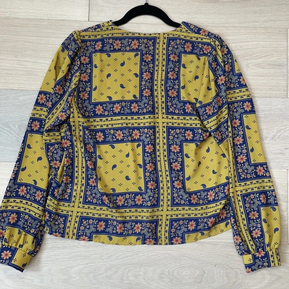Blouse Yellow & Blue Floral & Paisley+Sz S - Picture 5 of 8